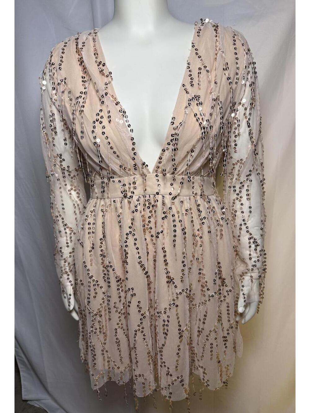 Double Crazy Womens Large Rose Gold Sequin Deep V Long Sleeve Mini Dress